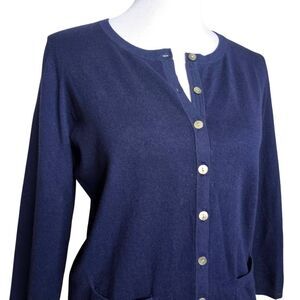 Talbots Cardigan Navy Blue Pima Cotton Pocket Button Front Sweater Small